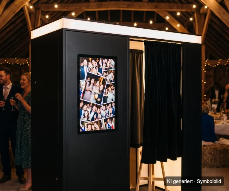 Mobile Fotokabine in Schwarz mit Vorhang und großem Bildschirm auf einer Hochzeit, Symbolbild KI generiert