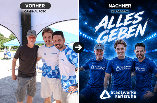 KI Fotobox vorher und nachher: Teamfoto und KI Motiv im Stil eines Sportplakats für die Stadtwerke Karlsruhe